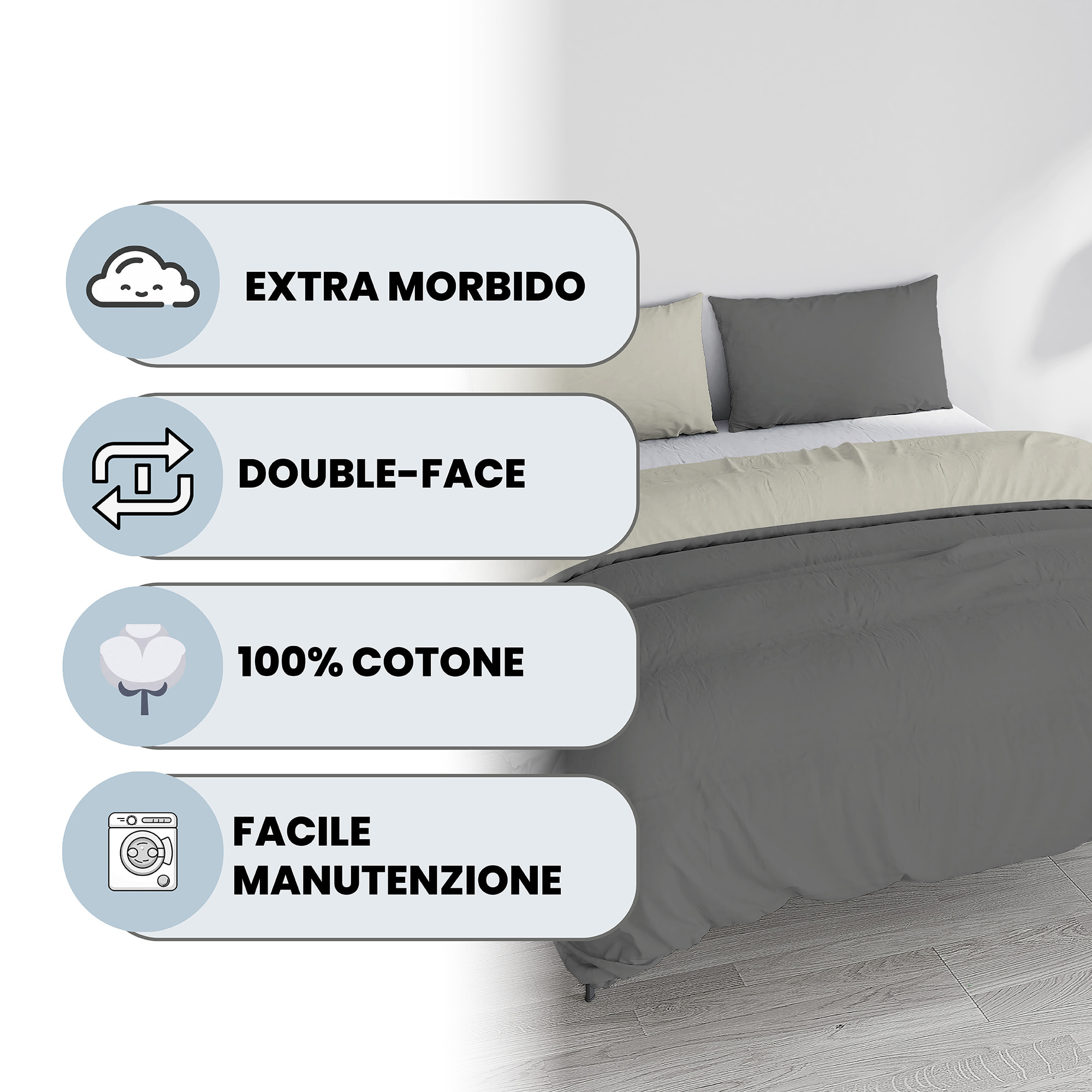 PARURE COPRIPIUMINO NATURAL COLOR, 100% Cotone, Made in Italy - FUMO/PANNA
