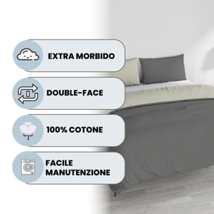 PARURE COPRIPIUMINO NATURAL COLOR, 100% Cotone, Made in Italy - FUMO/PANNA
