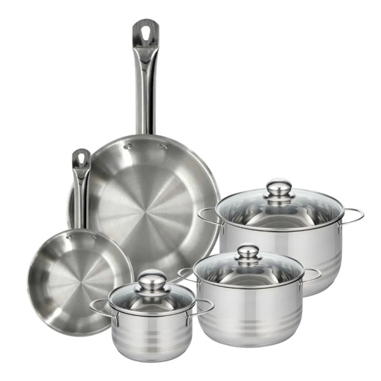 Set 2 poêles 24 28 cm en inox, 3 faitouts inox 16, 20 et 24 cm Fackelmann Eterna
