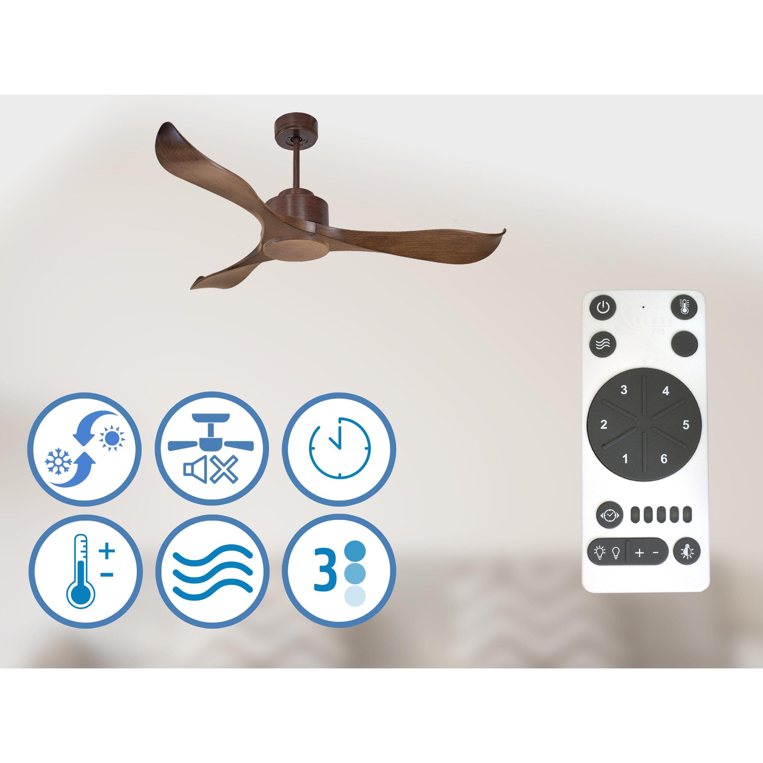 Ventilateur de plafond Réversible Lumière  Thermostat Wifi Moteur à courant continu Toits en pente Télécommande Adaptateur 2/3 Lames Hypersilence Mémoire 40   W brun
