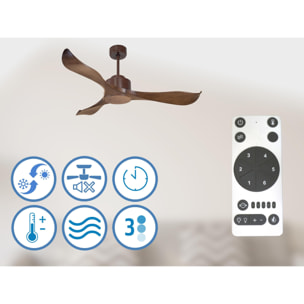 Ventilateur de plafond Réversible Lumière  Thermostat Wifi Moteur à courant continu Toits en pente Télécommande Adaptateur 2/3 Lames Hypersilence Mémoire 40   W brun