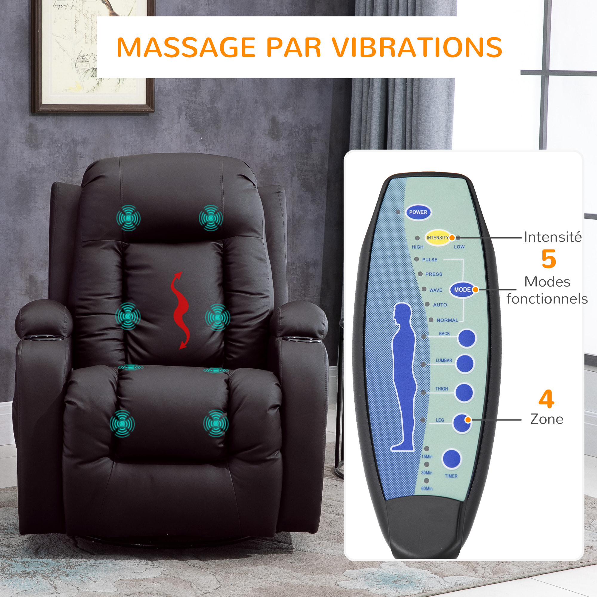 Fauteuil de massage et relaxation électrique chauffant inclinable manuellement repose-pied télécommande chocolat