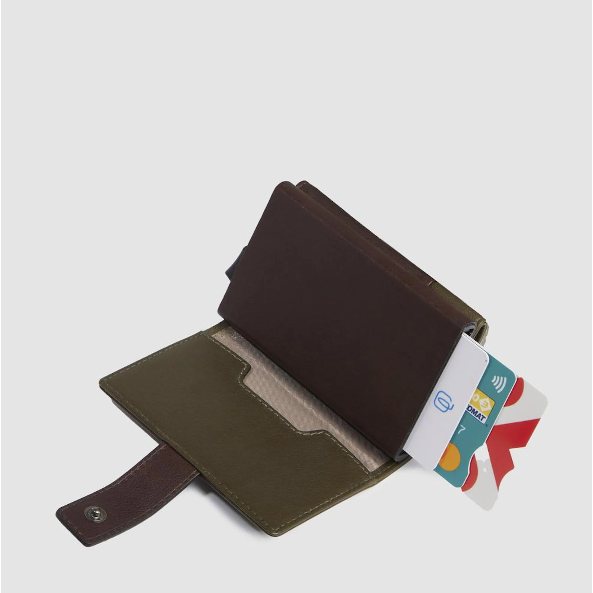 Piquadro Portacarte automatico in metallo e pelle, schermato con protezione RFID