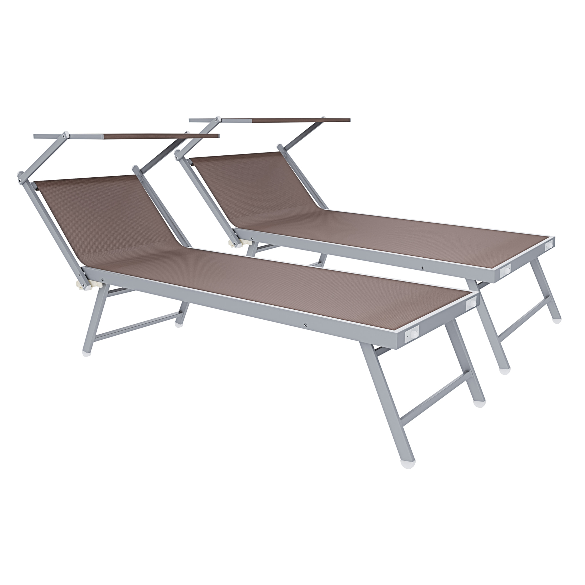 Coppia Di Lettini Prendisole Pieghevole Professionale in Alluminio e Tessuto Textilene Tettuccio Parasole Sdraio Mare Spiaggia 182x60x38 cm Tortora