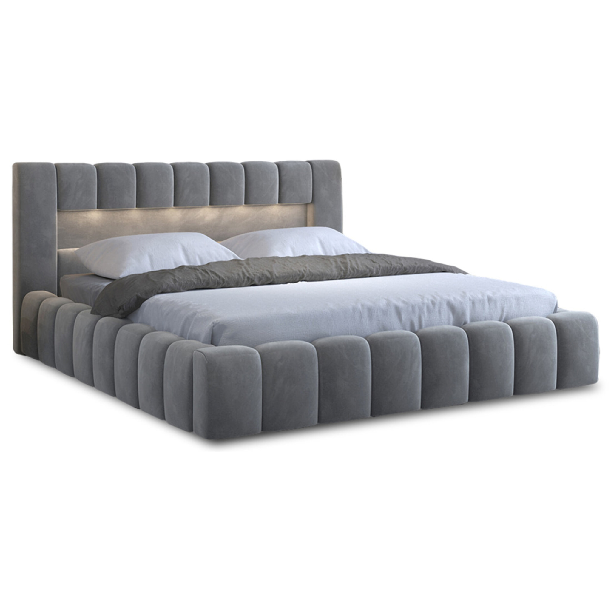 Cleo - lit coffre avec led - 140x200 cm - sommier inclus - en velours - Gris clair