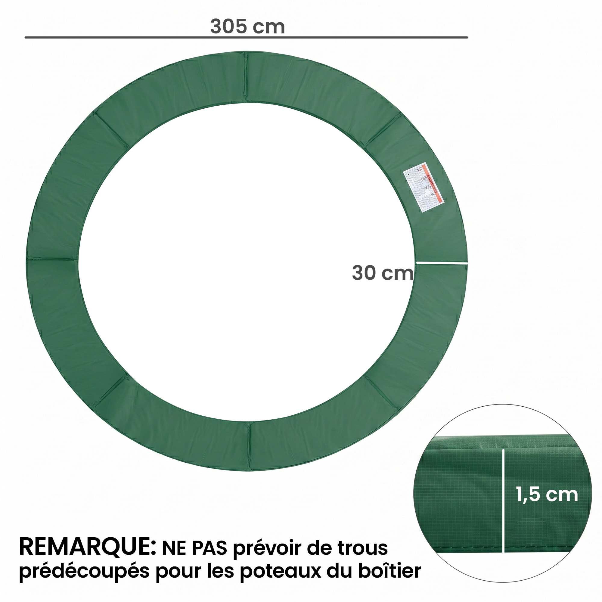 Couvre-ressort trampoline dia. 305 cm PVC PE haute densité rembourrage 15 mm vert