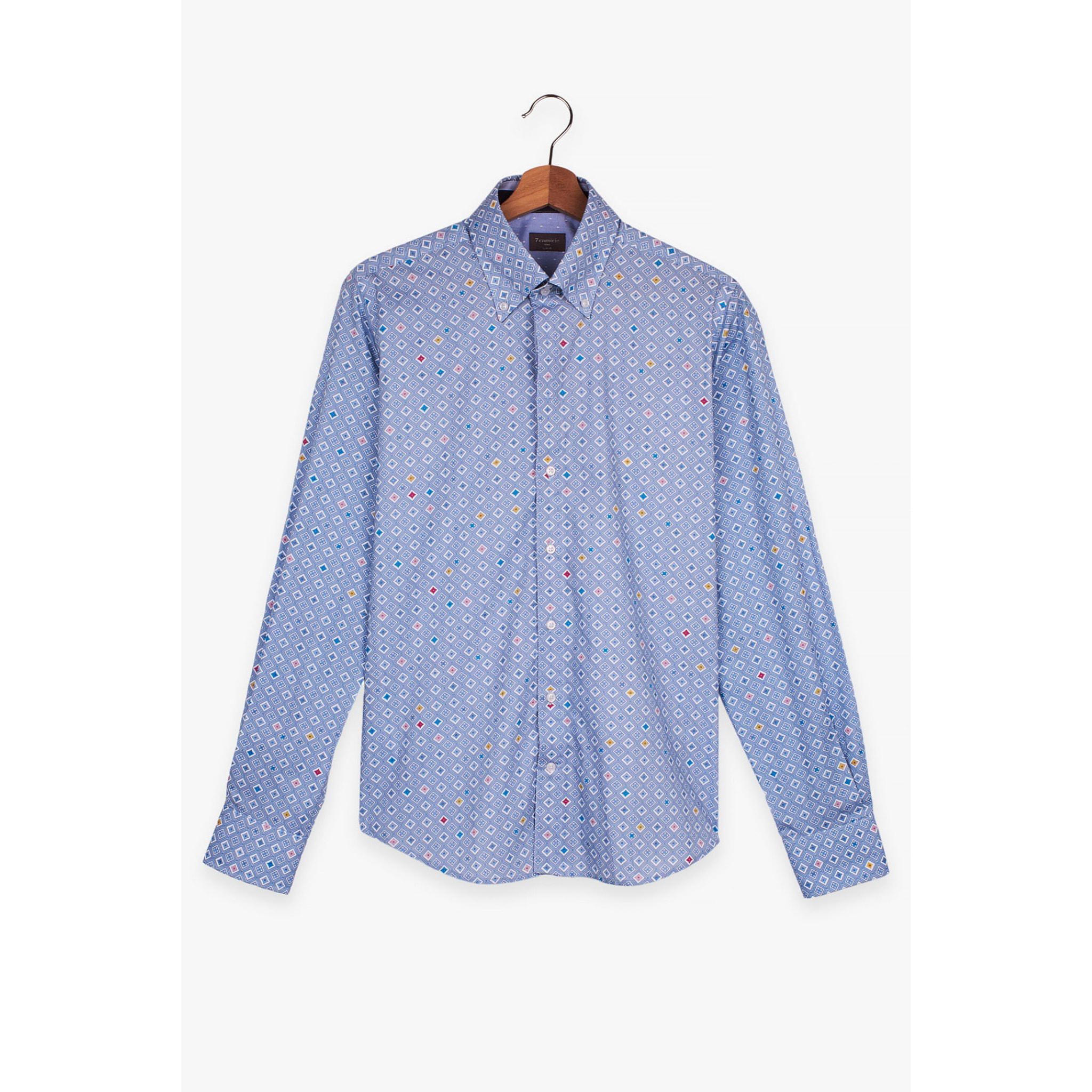 Camicia Uomo 2 Bottoni Button Down Slim Popeline Stampato Celeste/Bianco