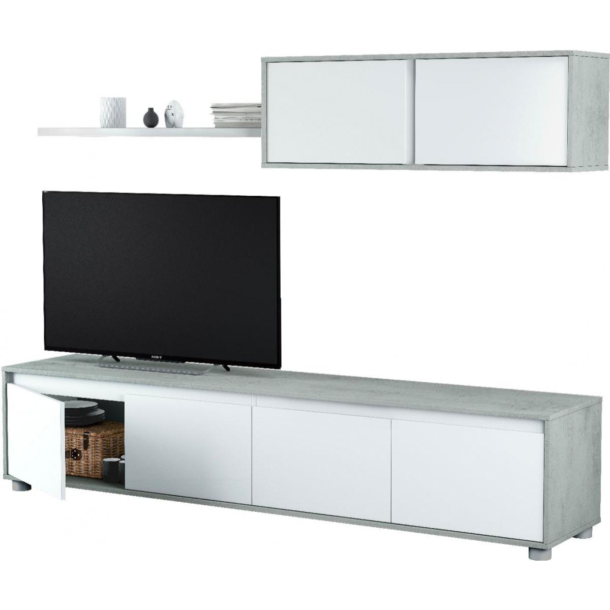 Parete attrezzata Savannah, Mobile da soggiorno porta TV, Composizione set salotto, Set salotto con pensile, cm 200x41h43, Bianco e Cemento