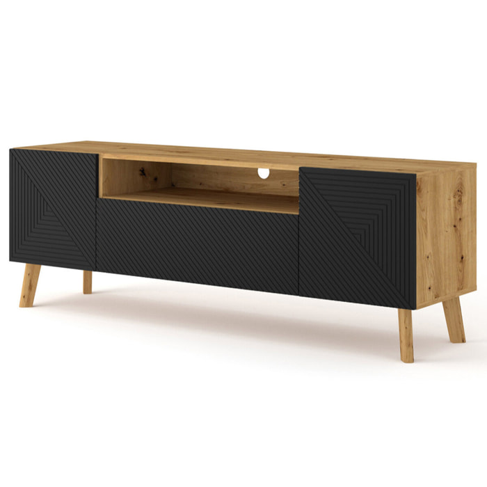 Velato - meuble tv - effet bois et noir - 3 portes et 1 niche - 160 cm - Bois / Noir