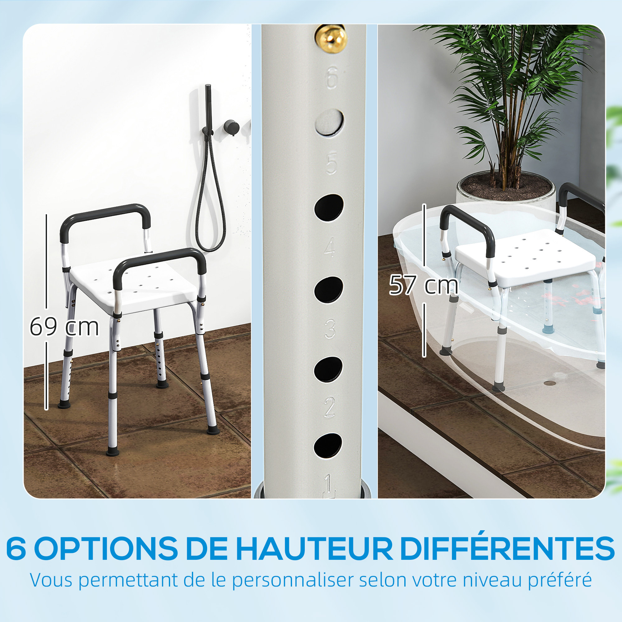 Chaise de douche hauteur réglable aluminium antirouille blanc