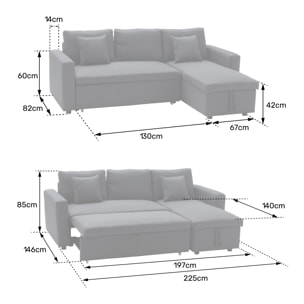 Canapé d'angle convertible CLARK 3 places en velours côtelé beige