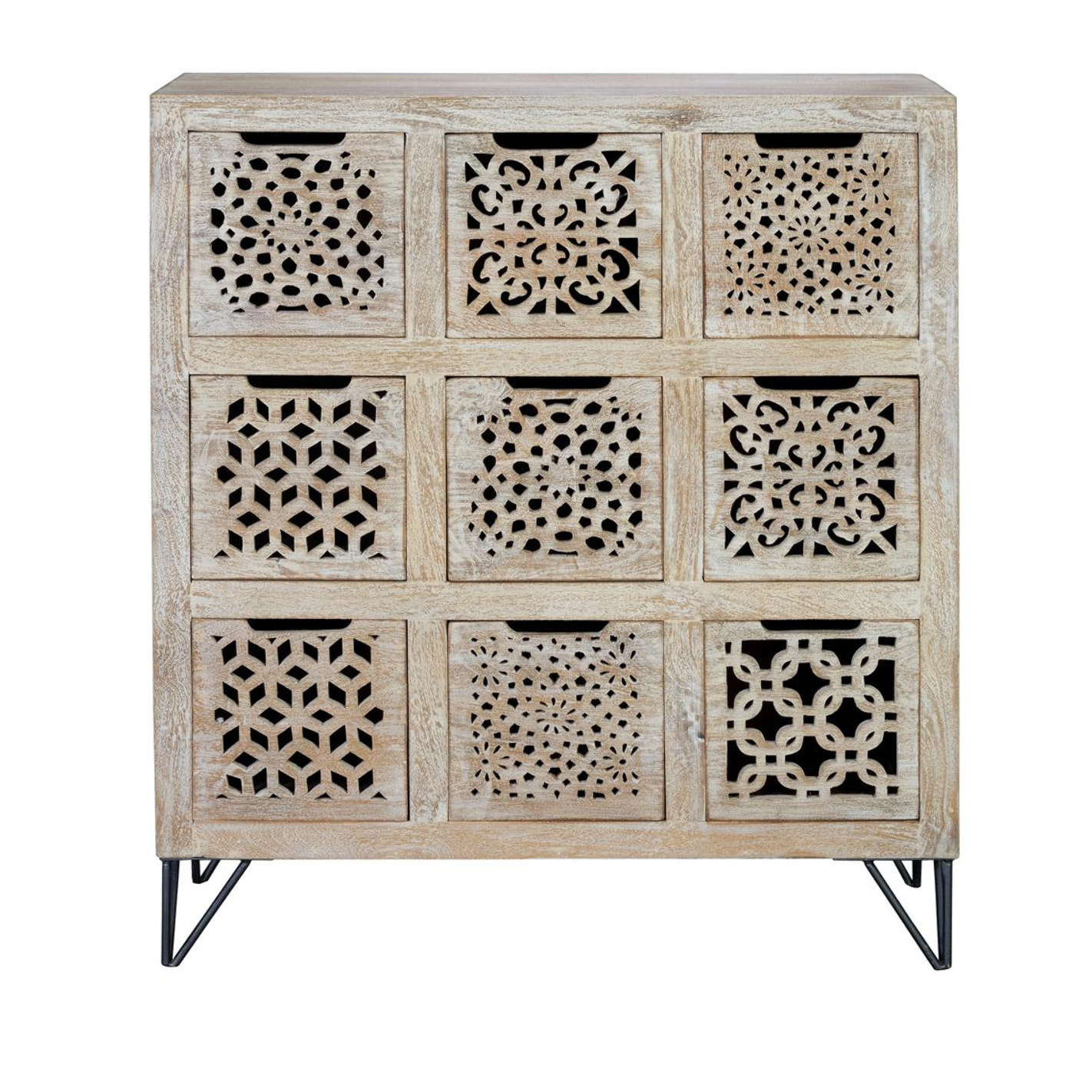 Cómoda de Madera de Mango 112 Cm Estilo Étnico Boho Tallado