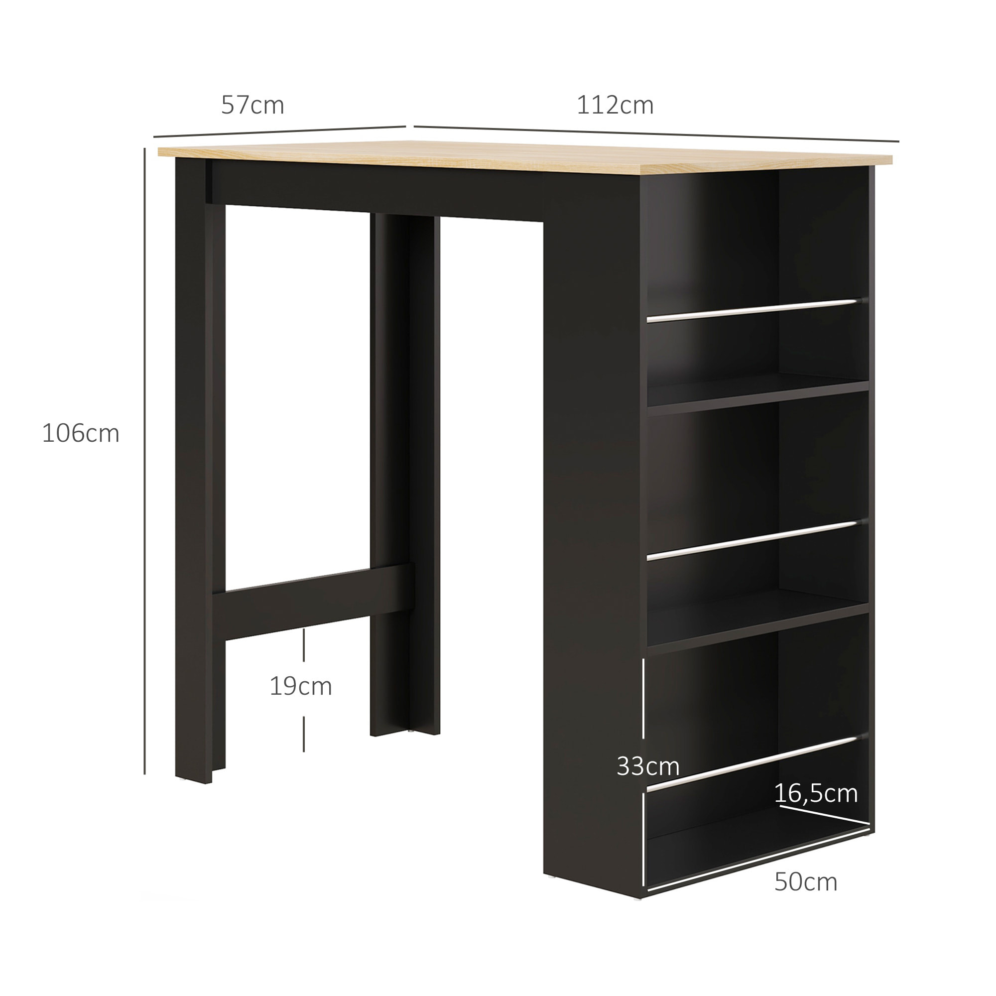 Mesa Alta de Bar, Mesa de Cocina con 3 Estantes Laterales, Estilo Moderno, para Comedor, Salón, 112x57x106 cm, Negro y Natural