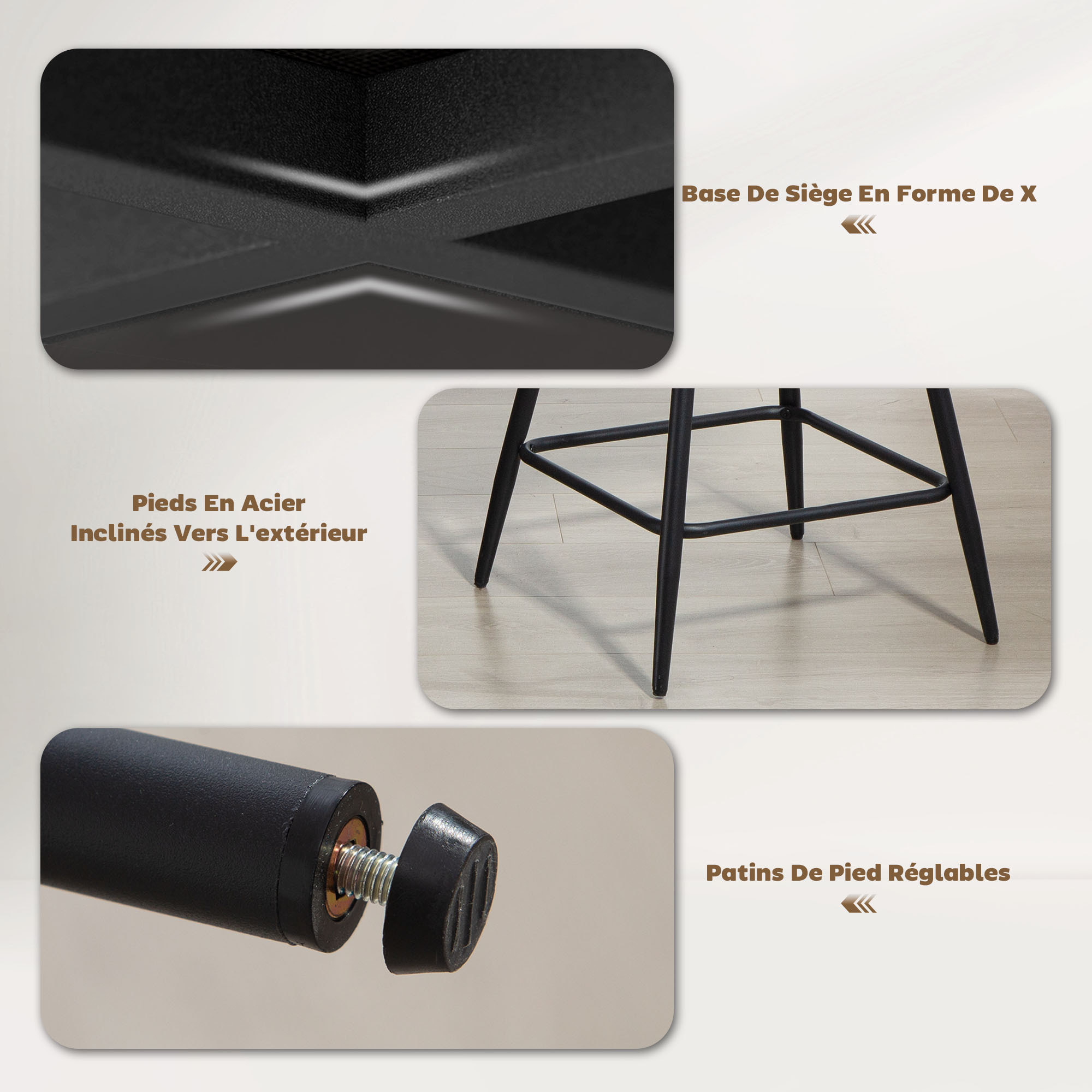 Lot de 2 chaises de bar design velours côtelé assise H.65cm pivotante 360°cm acier noir beige