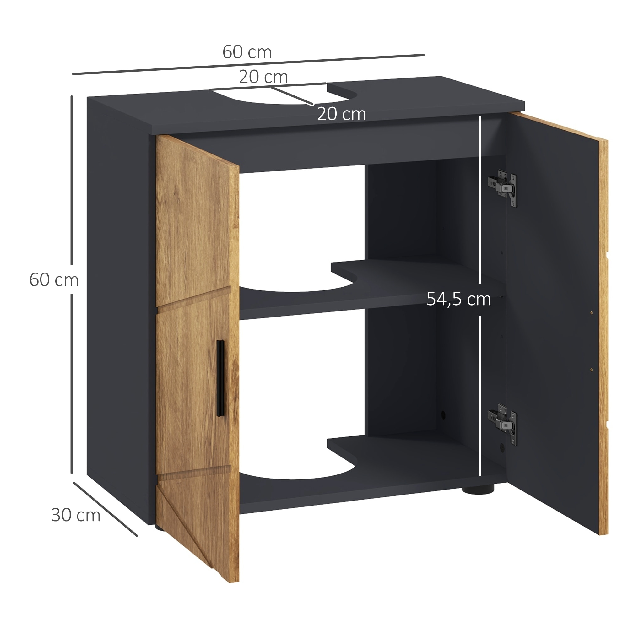 Meuble sous-vasque - 2 portes, étagère - dim. 60L x 30l x 60H cm - anthracite aspect bois