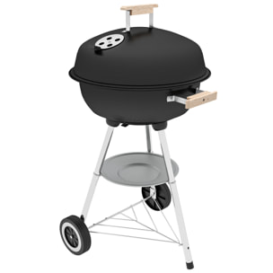 Barbacoa de Carbón Vegetal con Ruedas Parilla de Carbón BBQ Portátil Tapa y Tazón Esmaltados Mangos de Madera 48x56x94 cm para Jardín Exterior Picnic Acampada