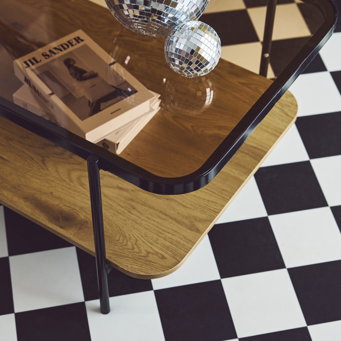Table basse rectangulaire double plateau verre, décor bois et métal SMOOKY