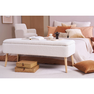 Banc coffre effet laine bouclée blanc et bois clair massif L120 cm LARS