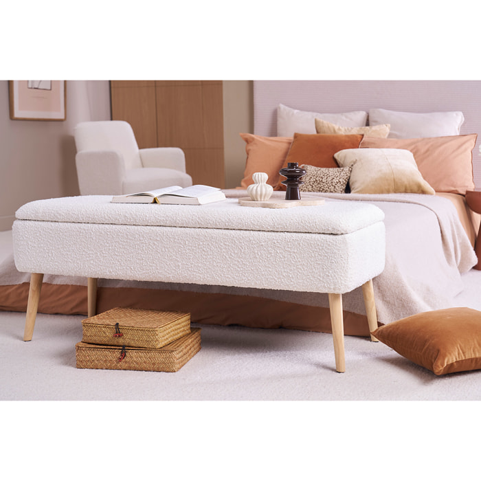 Banc coffre effet laine bouclée blanc et bois clair massif L120 cm LARS