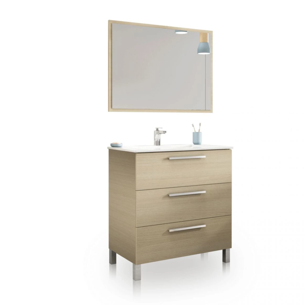 Mueble de baño de 3 cajones en roble con espejo 80 cm Feel Roble