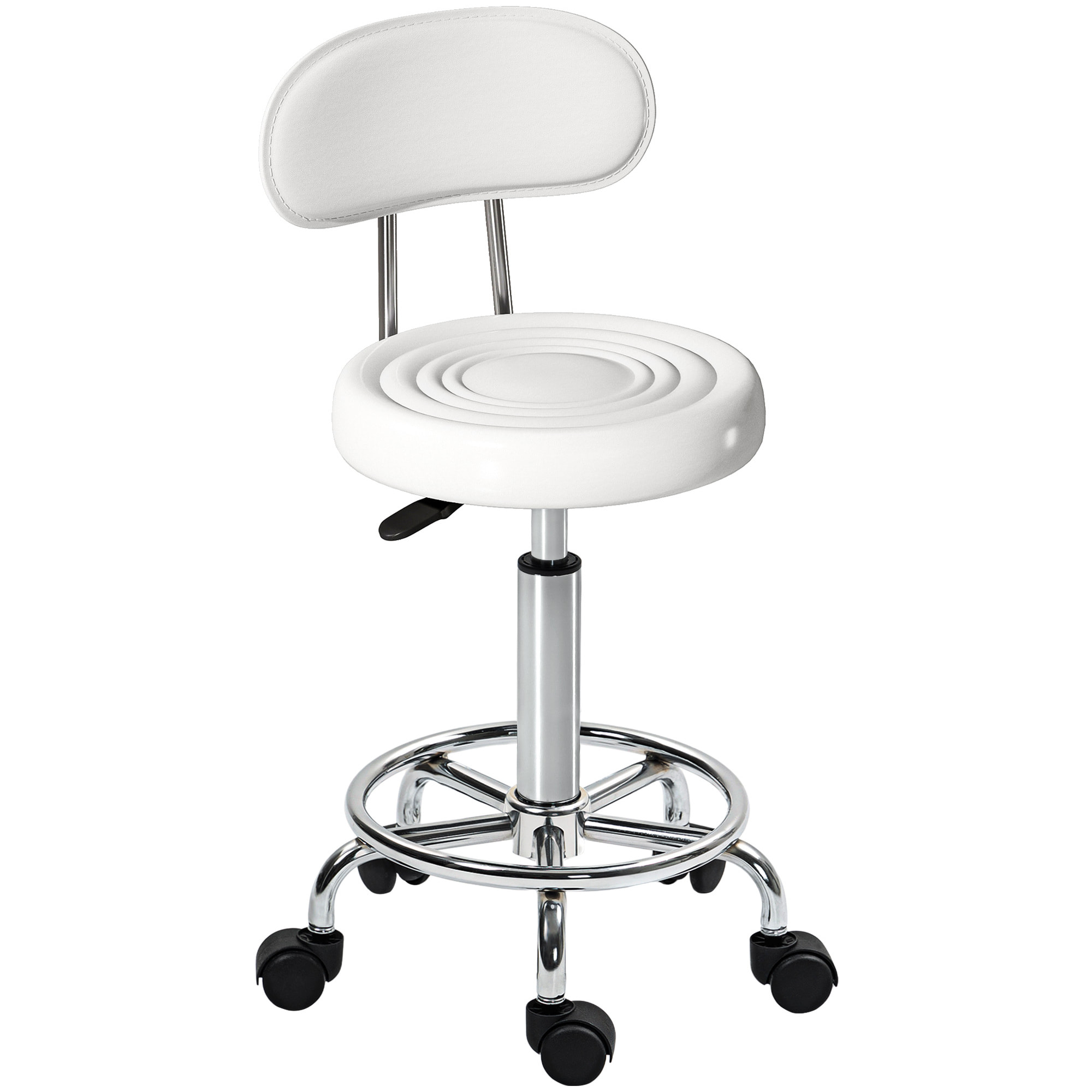 Taburete Giratorio Taburete con Ruedas y Respaldo Taburete de Trabajo con Altura Regulable 70-86 cm Asiento Tapizado de Cuero Sintético Blanco