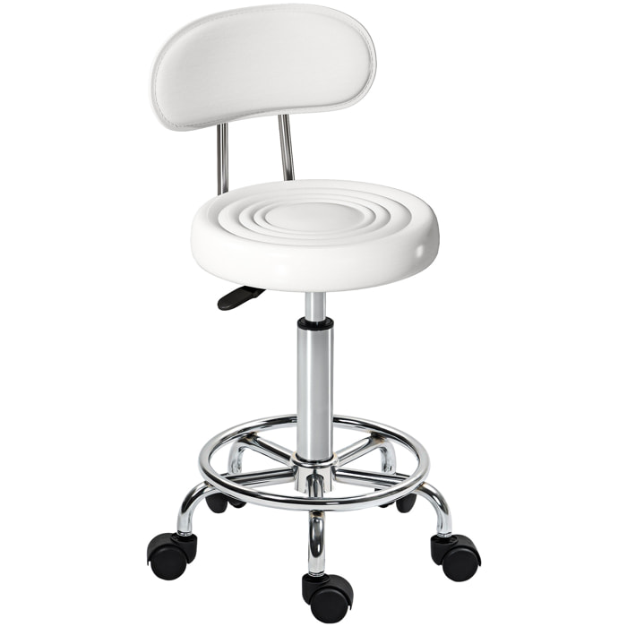 Taburete Giratorio Taburete con Ruedas y Respaldo Taburete de Trabajo con Altura Regulable 70-86 cm Asiento Tapizado de Cuero Sintético Blanco