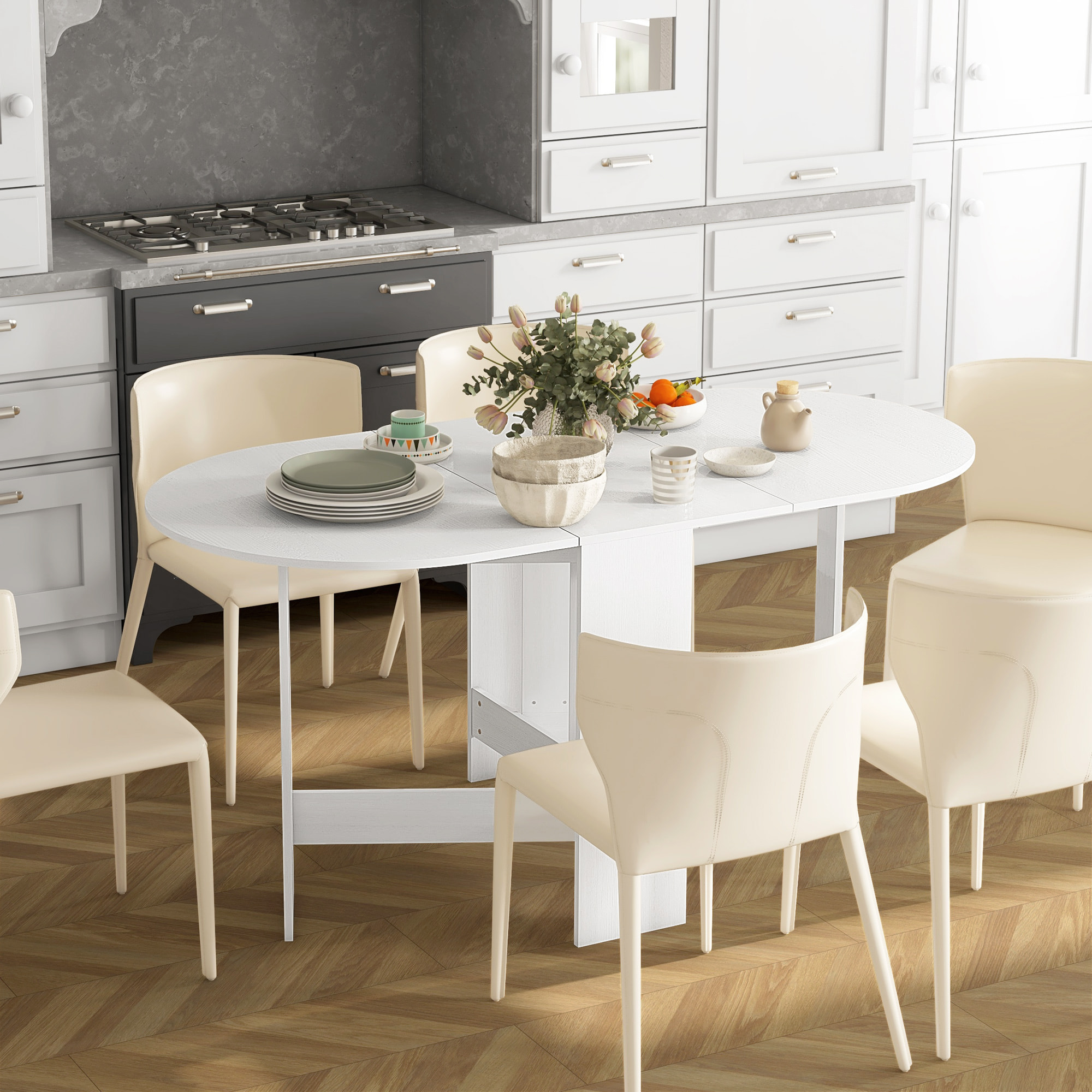 Mesa de Comedor Plegable Mesa de Cocina Plegable Ovalada con Alas Abatibles Estilo Moderno 163x80x75 cm Blanco