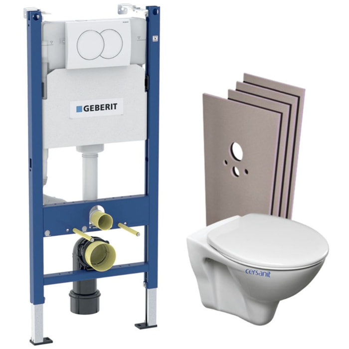 Pack WC Bati-support Geberit Duofix + WC Cersanit S-line Pro + Abattant + Plaque blanche + Set d'habillage (S-LineProGeb3-sabo)