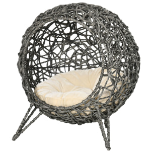 PawHut Panier chat lit chat cosy grand confort dim. Ø 52 x 58H cm coussin moelleux beige inclus résine tressée imitation rotin gris