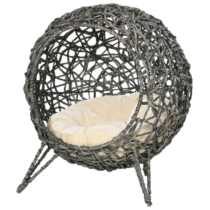 PawHut Panier chat lit chat cosy grand confort dim. Ø 52 x 58H cm coussin moelleux beige inclus résine tressée imitation rotin gris