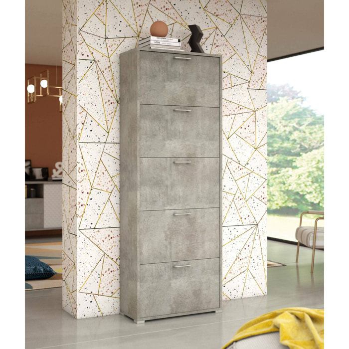 Scarpiera Anina, Mobile multiuso da ingresso con 5 ante a ribalta, Armadietto portascarpe a doppia profondità, 100% Made in Italy, 67x28h183 cm, Cemento