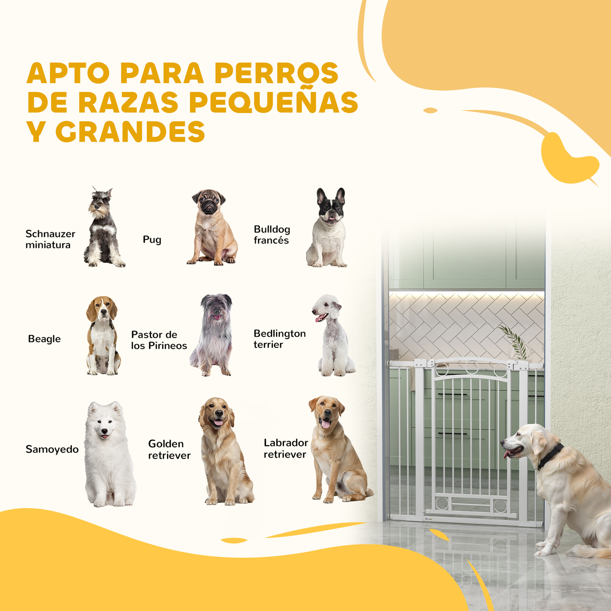 Barrera para Perros Puerta para Perros con Ancho Ajustable 76-104 cm Barrera de Seguridad para Perros Altura 105 cm con 2 Extensiones para Escaleras y Puertas Blanco