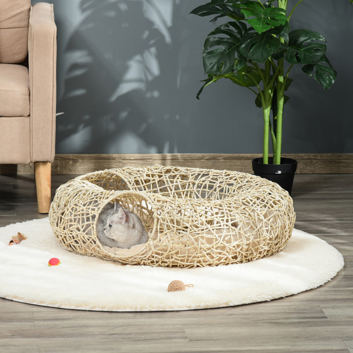 Cama para Gatos de Ratán 78x69x22 cm Cesta para Gatos Rolliza con Cojín Suave
