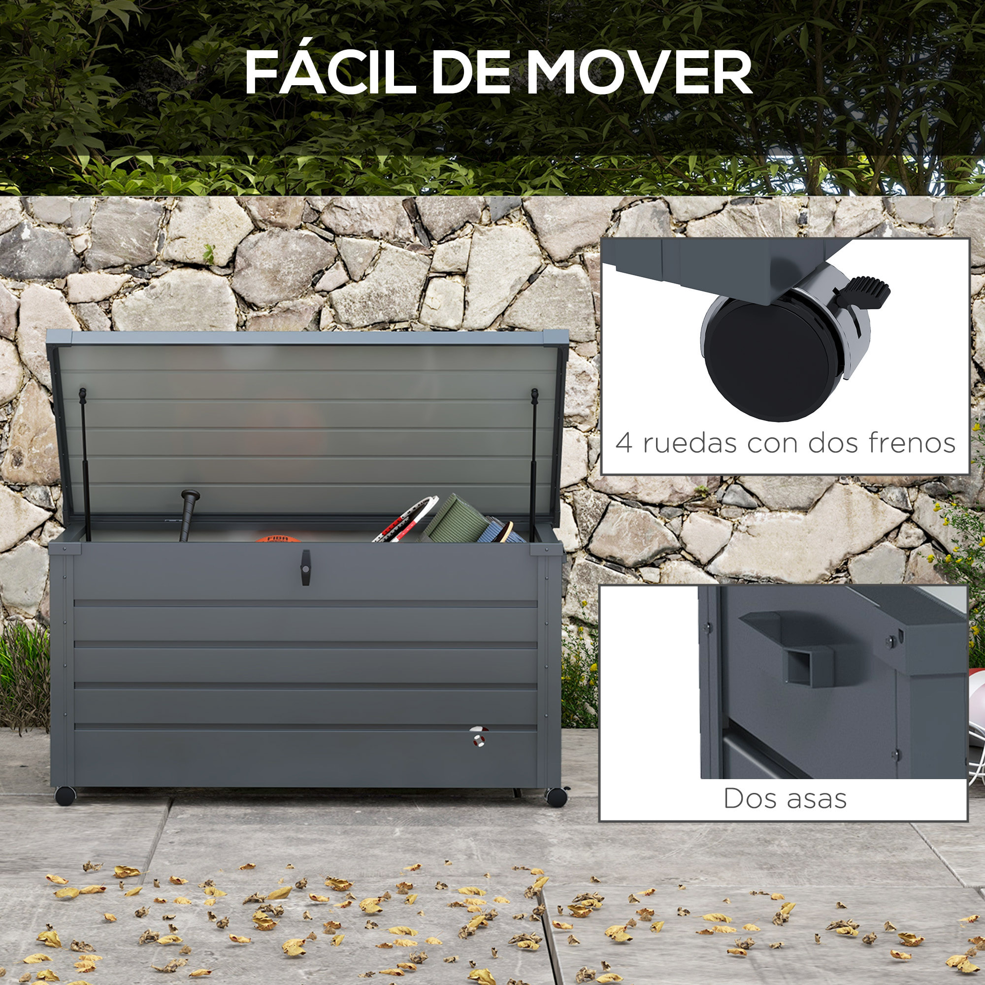 Arcón Exterior Capacidad 311L, Baúl de Almacenaje de Acero Galvanizado con 4 Ruedas, 2 Asas y Tapa con Cerradura, Impermeable, para Jardín, Terraza, Patio, 120x62x66 cm, Gris Oscuro