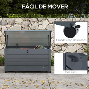 Arcón Exterior Capacidad 311L, Baúl de Almacenaje de Acero Galvanizado con 4 Ruedas, 2 Asas y Tapa con Cerradura, Impermeable, para Jardín, Terraza, Patio, 120x62x66 cm, Gris Oscuro