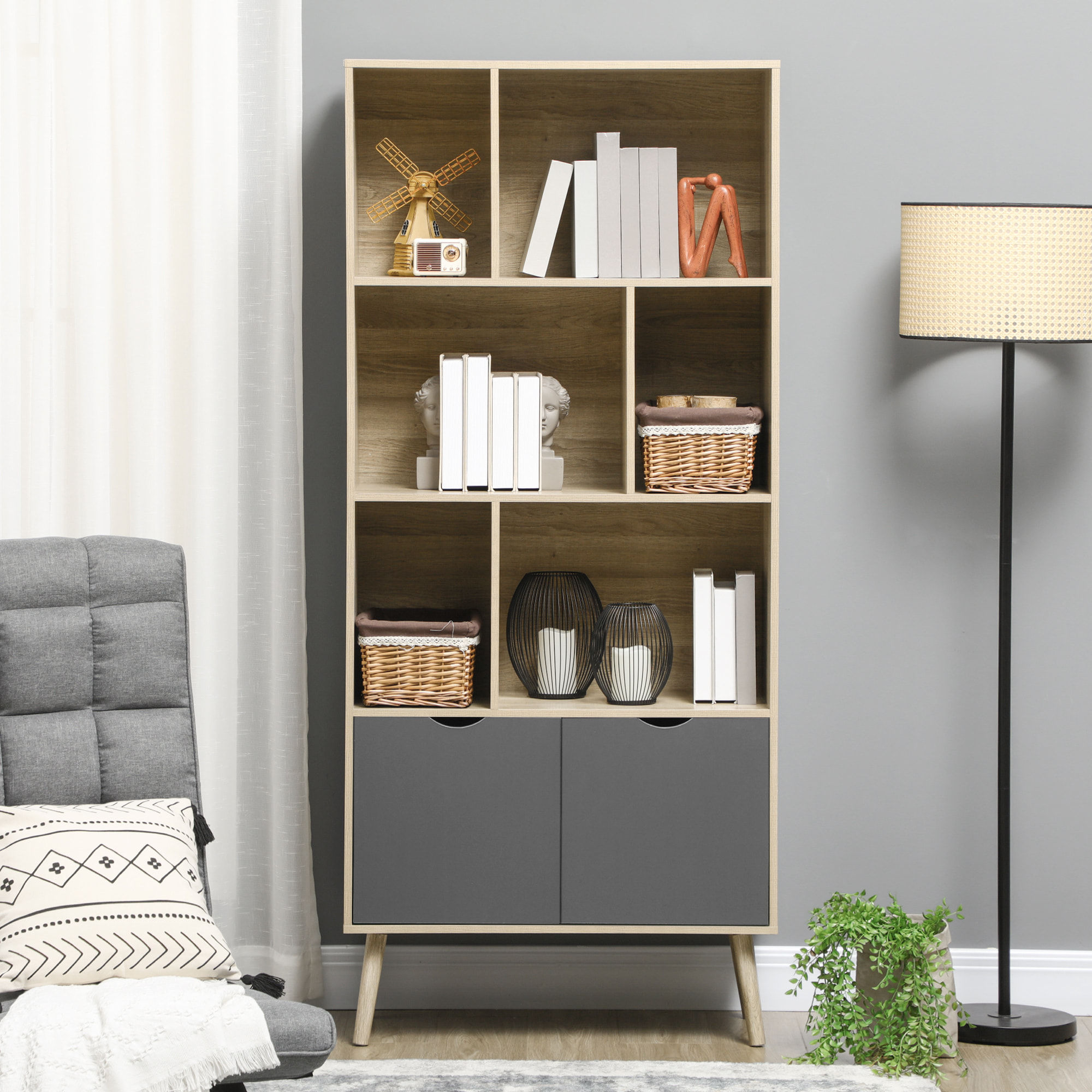 Bibliothèque design - 2 portes, 6 niches - dim. 80L x 35l x 180H cm - aspect chêne clair gris