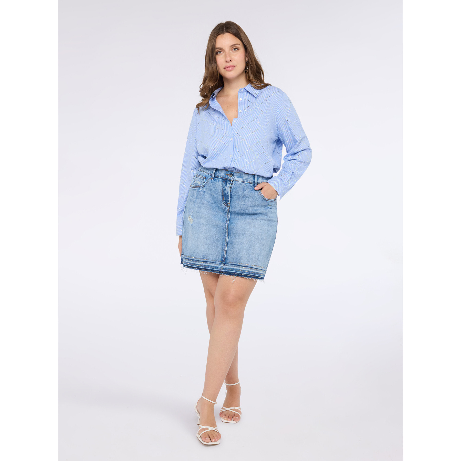 Fiorella Rubino - Camicia in cotone con ricamo a rombi - Azzurro