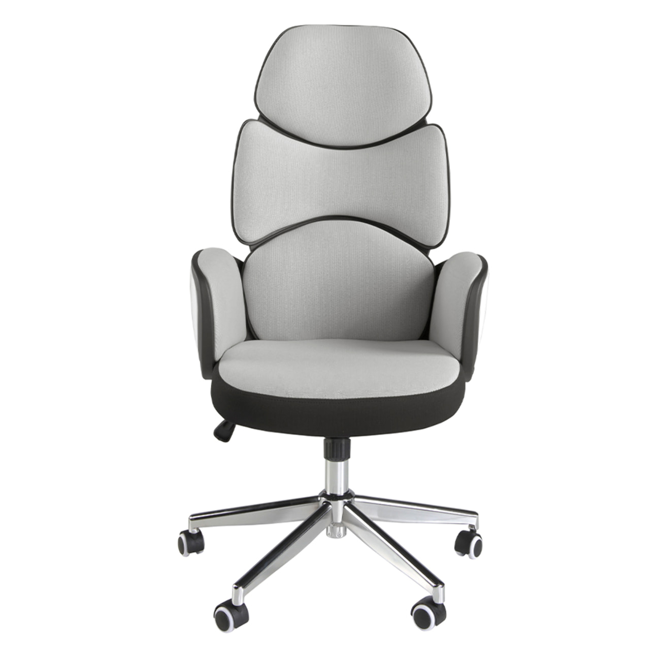 Silla Angel Cerdá oficina giratoria con asiento tapizado en tela gris claro y respaldo de pvc blanco acabado brillo con reposabrazos 64x69x118cm