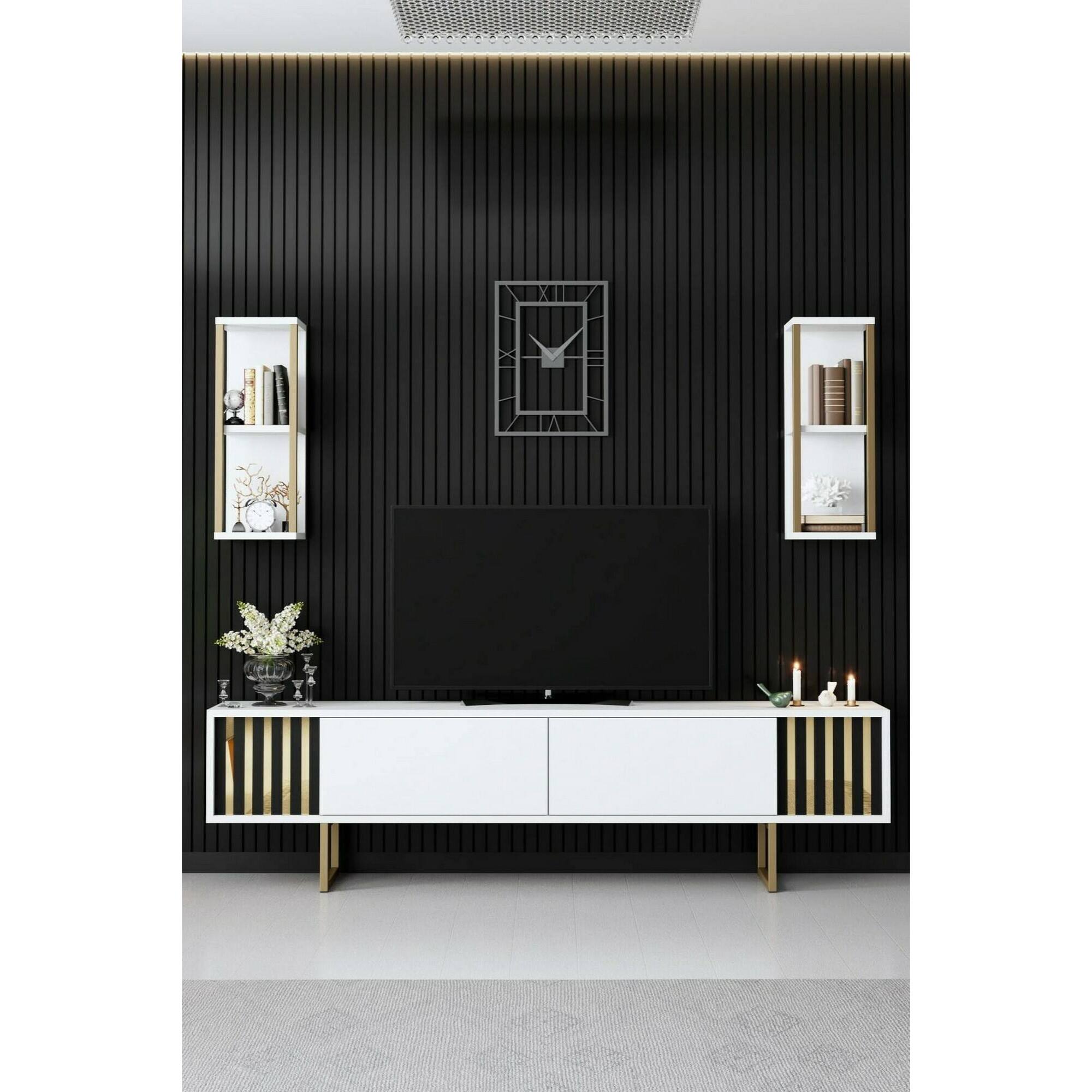 Mobile porta TV Dliveran, Credenza da soggiorno, Armadio basso per TV, Base parete attrezzata, 180x30h48 cm, Bianco e Nero