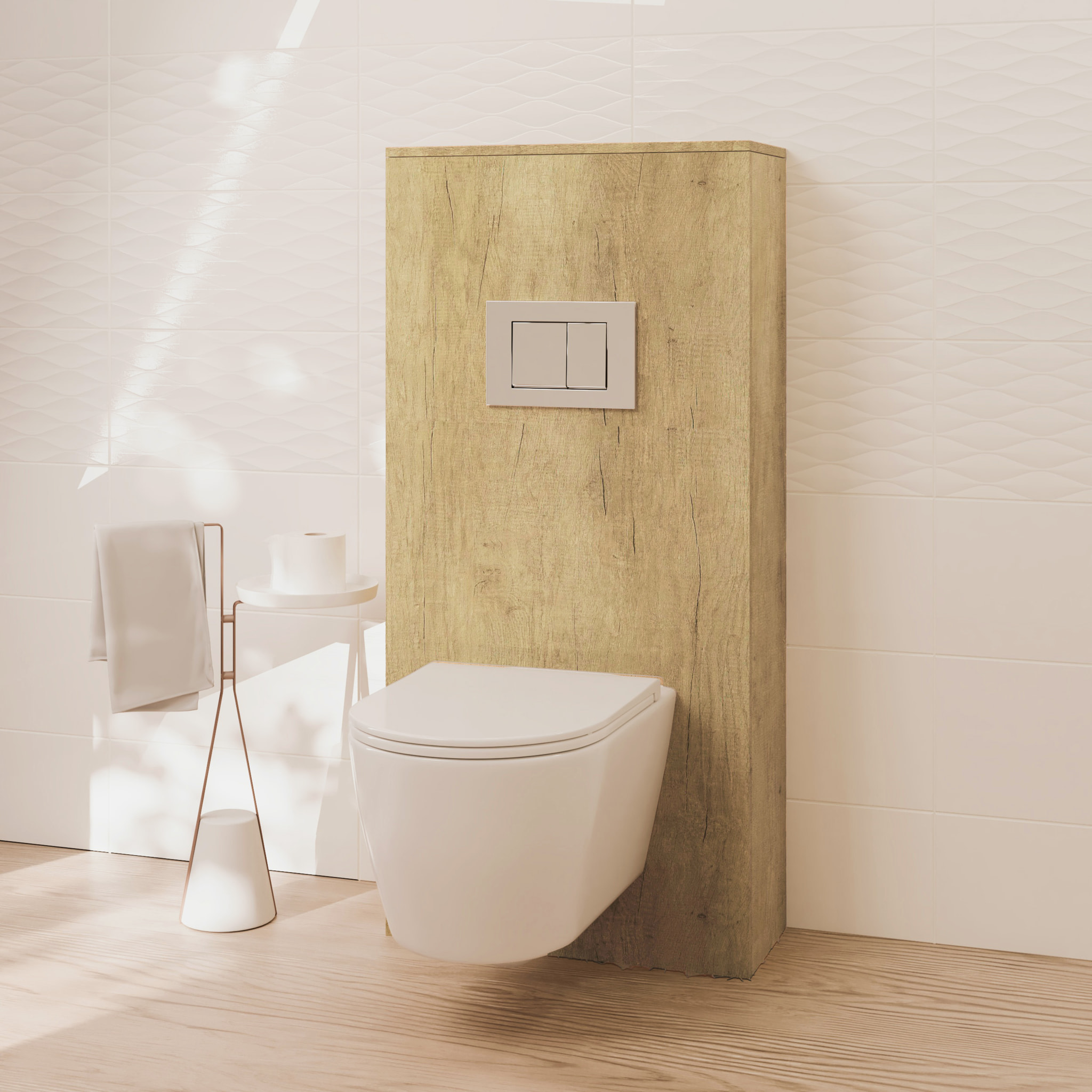 Pack Wc Suspendu + Châssis + Boîtier de Support Nature | Toilette Blanc Brillant | Bouton Chrome | Réservoir Encastré | Couvercle Amorti | Alday