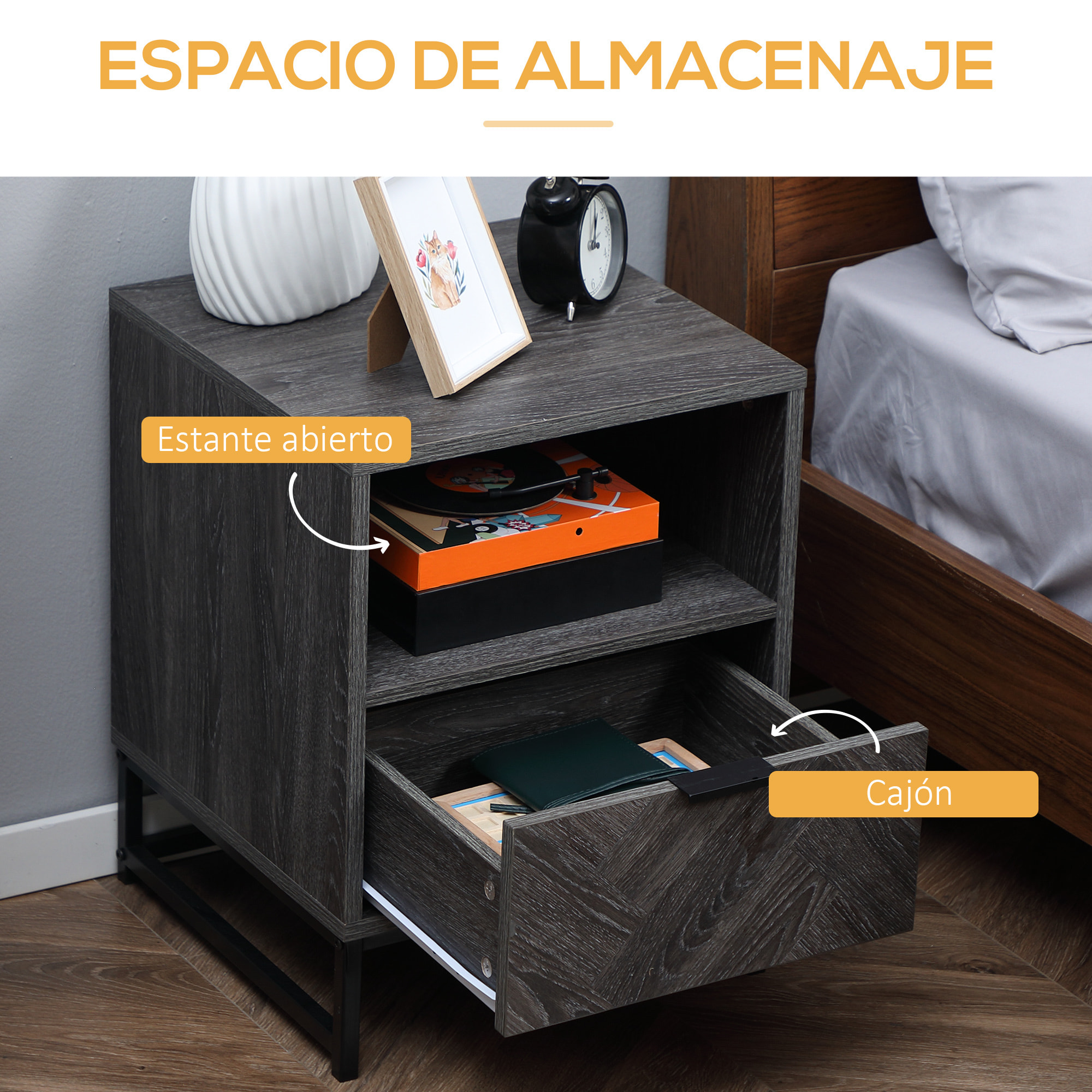 HOMCOM Mesita de Noche con 1 Cajón Estante Abierto y Patas de Acero Mesilla de Noche para Dormitorio Salón Cama Oficina Estilo Moderno 40x40x52 cm Gris Oscuro