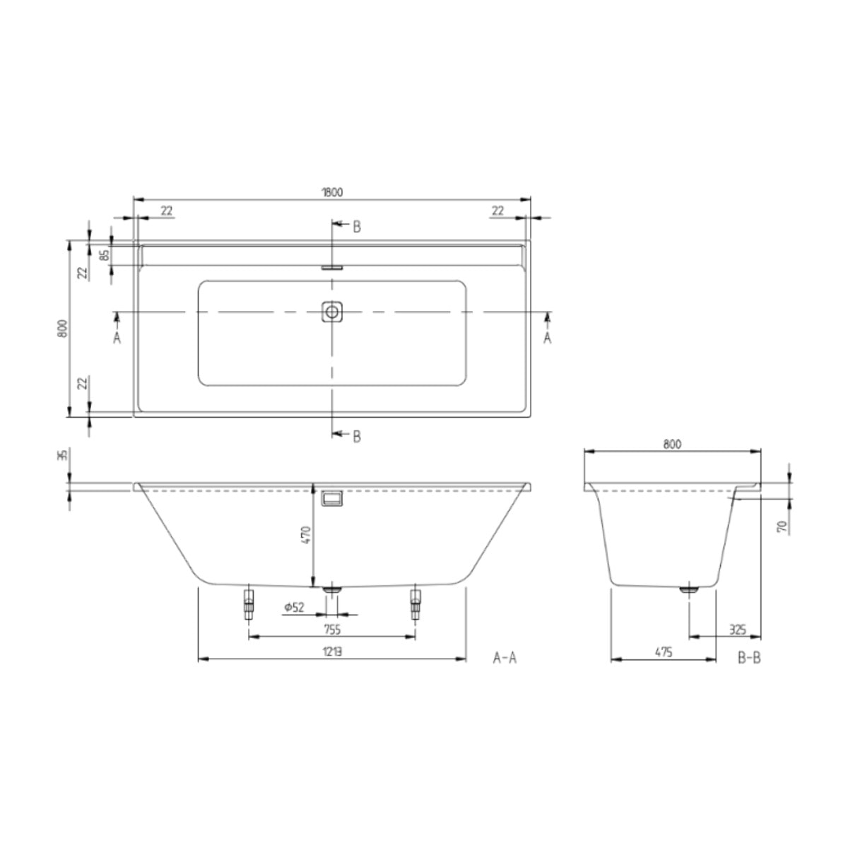 Baignoire droite 180 x 80 VILLEROY & BOCH Collaro acrylique blanc brillant avec vidage et trop plein blanc brillant