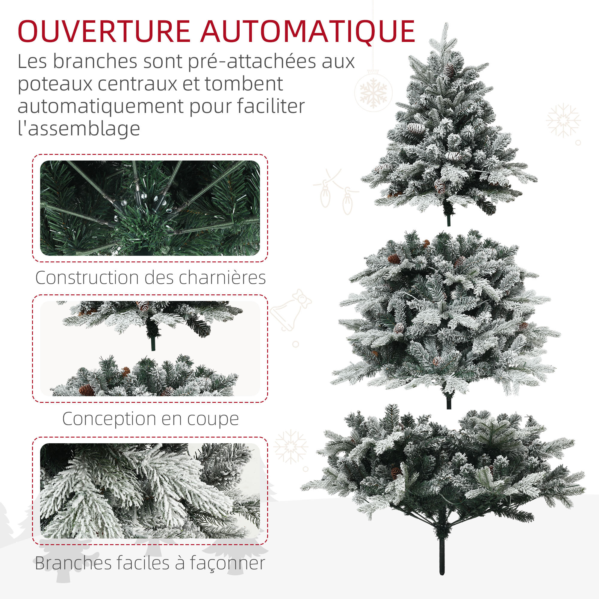 Sapin de Noël artificiel LED enneigé H. 180 cm - 200 LEDs blanc chaud, 793 branches - vert blanc