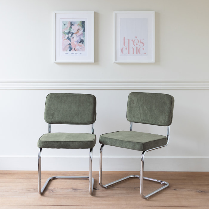 Lot de 2 chaises cantilever en velours côtelé vert kaki MARIA