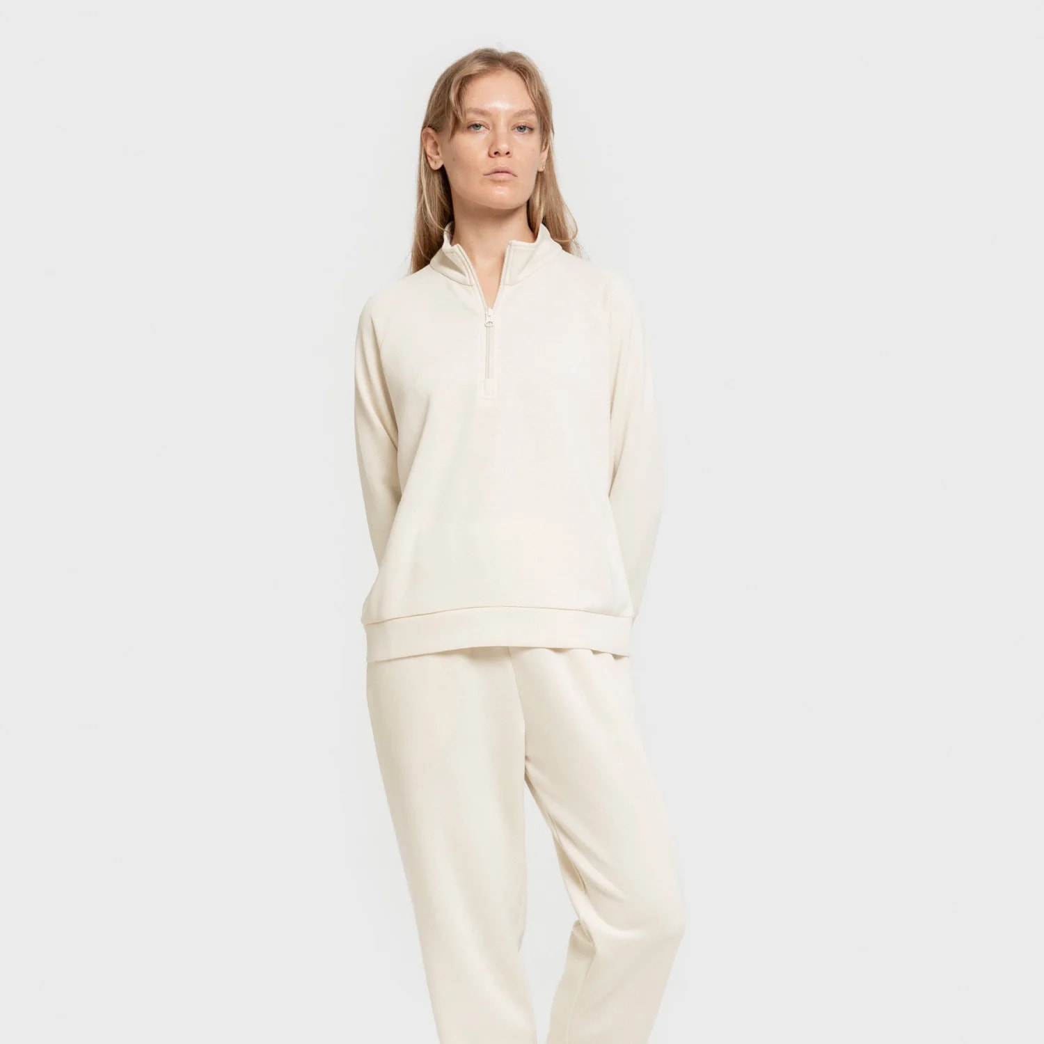 Felpa con mezza zip in stile modal da donna bianco naturale