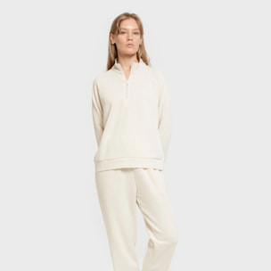 Felpa con mezza zip in stile modal da donna bianco naturale