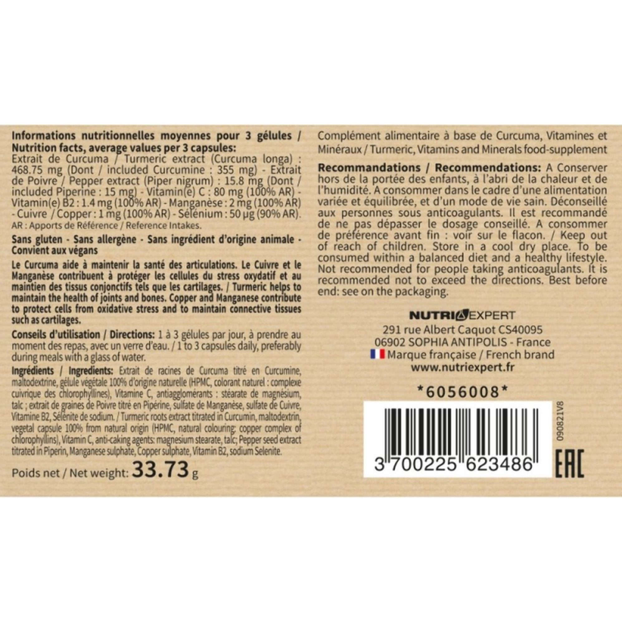 NUTRI EXPERT - Curcuma Synergy + - Maintien la santé des articulations, os et cartilages - Enrichi en minéraux Antioxydants - Contribue à la formation de collagène - Vegan - 90 gélules végétales