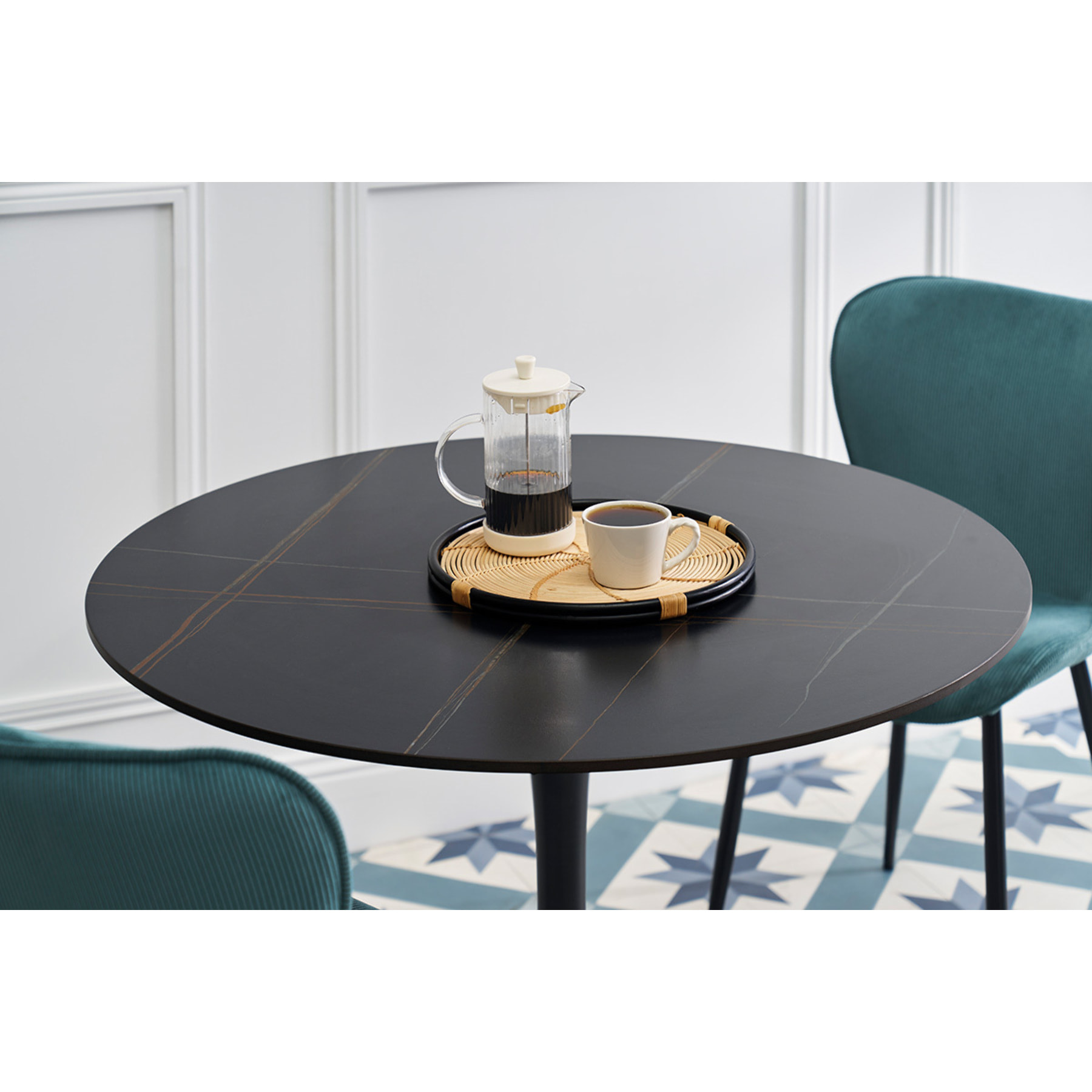 Table à manger design ronde en céramique noire et métal D90 cm MALOU