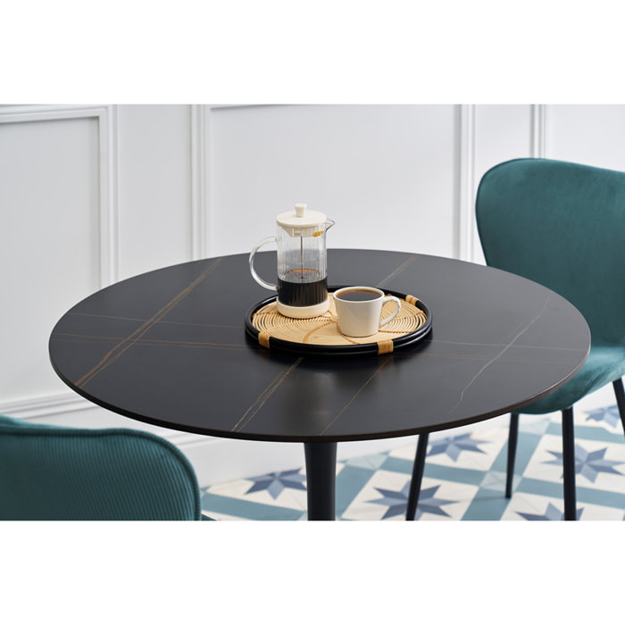 Table à manger design ronde en céramique noire et métal D90 cm MALOU