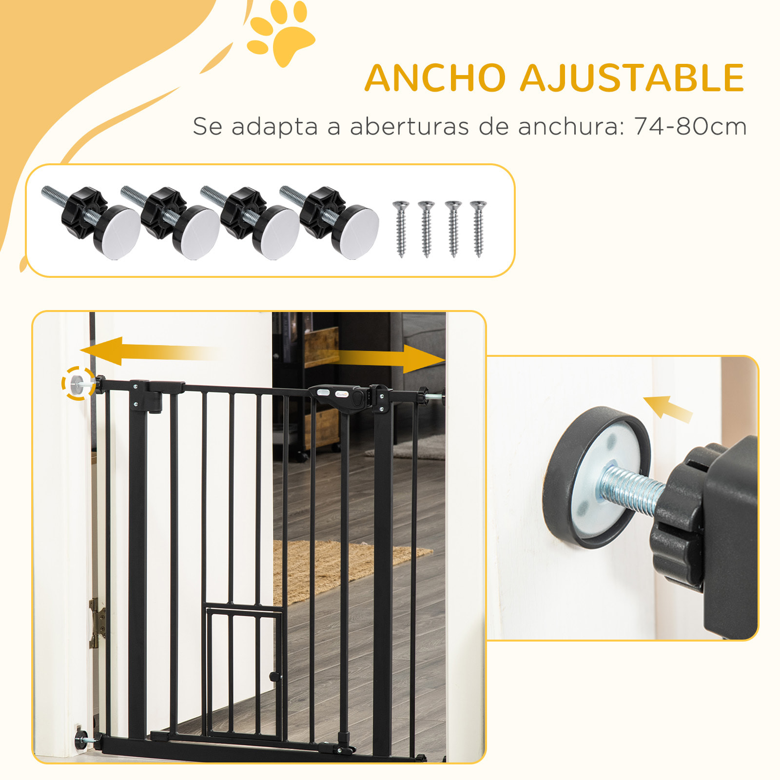 Barrera de Seguridad para Perros Barrera para Mascotas Extensible con Puerta Pequeño Cierre Automático y Sistema de Doble Bloqueo para Puerta Pasillo Escalera 74-80x76,2 cm Negro